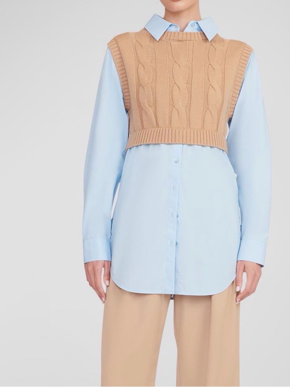Staud Tan Cable Knit Vest with Blue Shirt